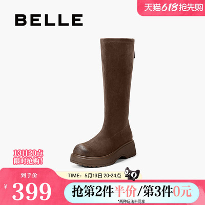 百丽复古厚底加绒弹力骑士靴女冬季新款显瘦高长筒靴子B2860DG5