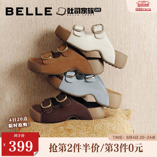 百丽女鞋复古皮带扣人鱼底吐司勃肯鞋26夏增高休闲拖鞋B3087BT6