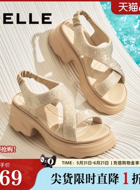 百丽满天星女鞋厚底高跟法式运动凉鞋夏季辛苦外穿拖鞋B2666BL5