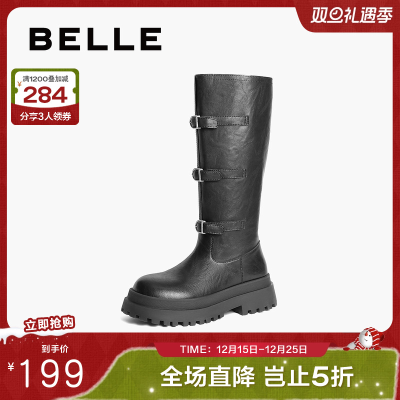 百丽女靴子英伦风骑士靴