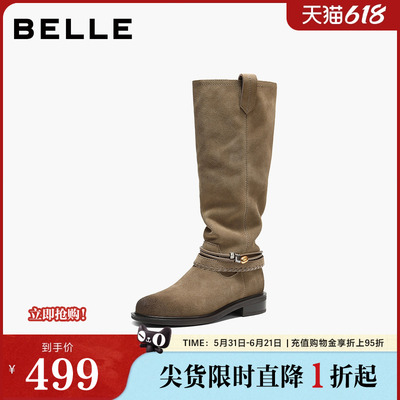 百丽女鞋复古堆堆靴西部靴女冬季新款巴恩风高长筒靴子F2S1DDG5