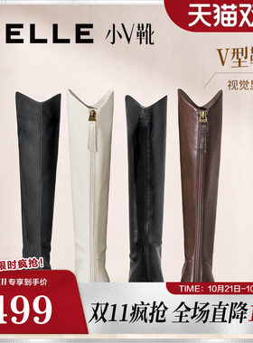 百丽女鞋小V高长筒弹力靴女秋冬加绒新款显瘦瘦骑士靴子E5F1DDG5