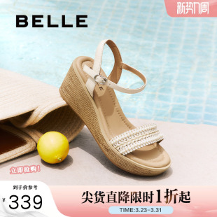 妈妈坡跟松糕凉鞋 百丽女鞋 新款 夏季 子D8T1DBL5 度假风一字带凉鞋