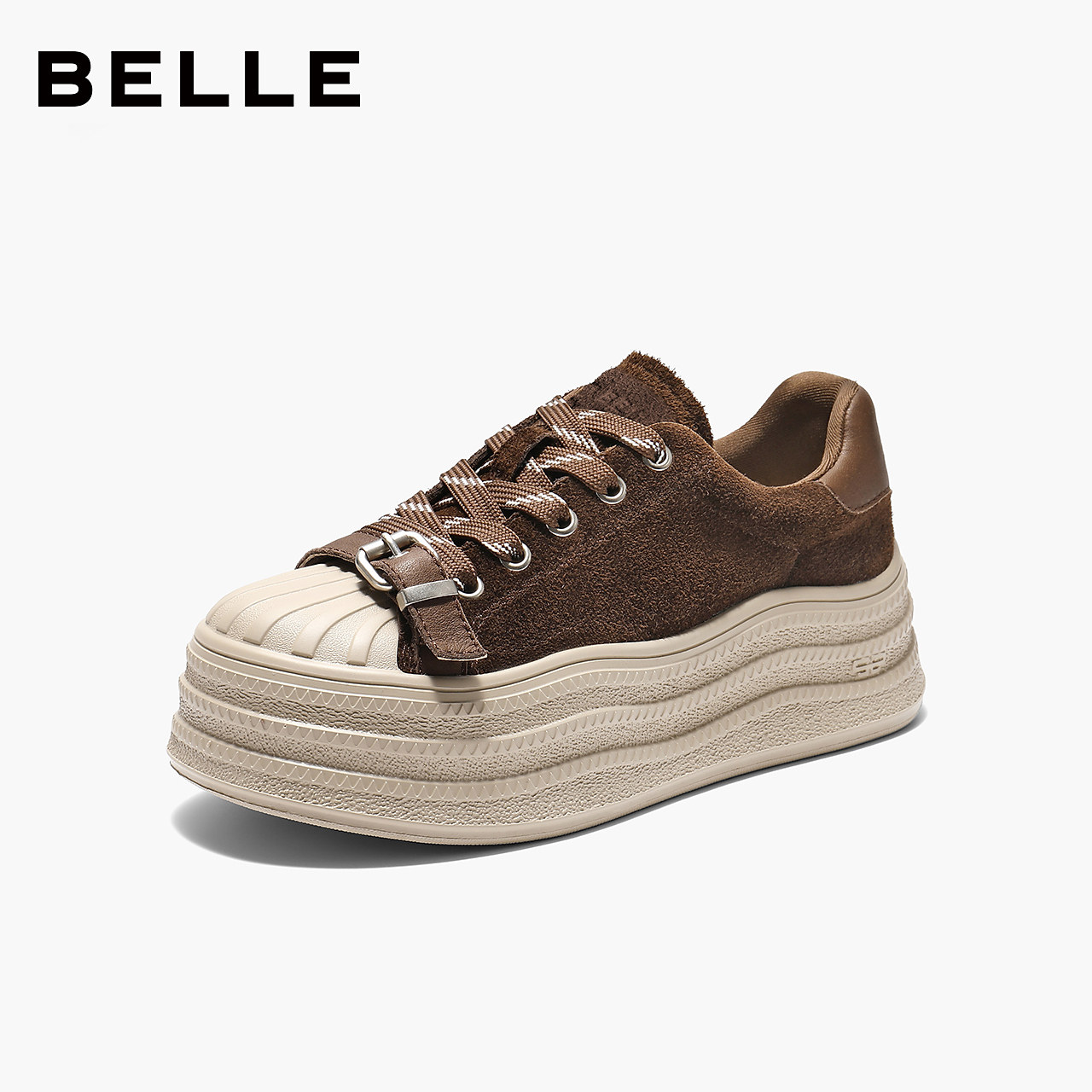 百丽厚底增高板鞋秋冬女款真皮绒面新款贝壳头休闲饼干鞋B2932CM5