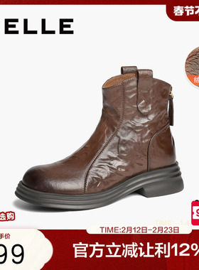 百丽复古加绒时装靴女冬新羊皮褶皱切尔西靴显瘦瘦短靴子D4L1DDD4