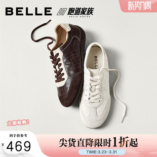 羊皮休闲鞋 新款 F6M1DAM6 女2026春季 百丽跑道复古薄底赛车德训鞋