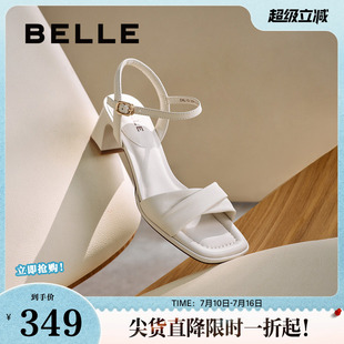 百丽高跟一字带凉拖鞋女夏新款法式羊皮不累脚高跟鞋子D6L1DBL5