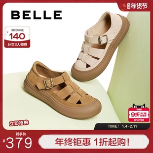 百丽女鞋透气罗马凉鞋女夏季新款包头厚底猪笼妈妈单鞋子D6T1DBK5