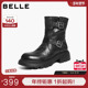 百丽女鞋 厚底增高真皮西部靴子女冬新复古双饰扣中筒靴B2959DD5