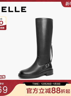 百丽女靴子复古骑士靴新款冬季长筒真皮厚底高长靴3ELB8DG4