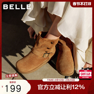 百丽女鞋复古绒面厚底勃肯靴女冬季新款美拉德西部短靴子B2911DD5