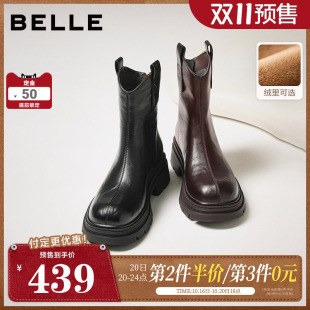 【双11预售】百丽复古加绒弹力靴女增高粗跟显瘦短靴子女E5E1DDZ5