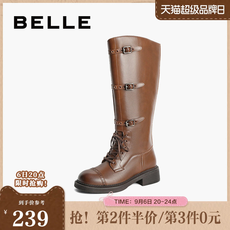 百丽长靴鞋子西部靴机车靴骑士靴女鞋新款冬季长筒靴子B2249DG4