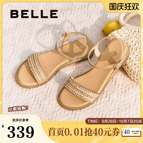 百丽女鞋子一字带凉鞋女夏季新款法式绝美海边平底单鞋3CQ36BL5