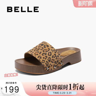 新款 子女夏季 增高可外穿D8W1DBT5 子豹纹厚底一字凉拖鞋 百丽女鞋