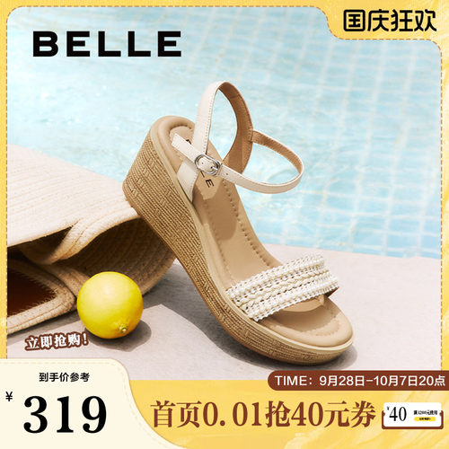 百丽女鞋度假风一字带凉鞋夏季新款妈妈坡跟松糕凉鞋子D8T1DBL5