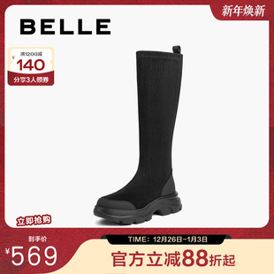 百丽鲸鱼靴复古厚底弹力高长筒靴女冬新款 显瘦瘦骑士靴子E4V1DDG5