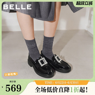 百丽璀璨乐福鞋厚底新款女鞋真皮方扣闪钻黑色小皮单鞋B3085AM6