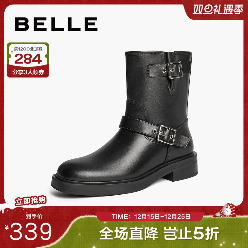 百丽休闲复古西部靴女冬季商场同款新款真皮机车靴短靴子3EL65DZ4