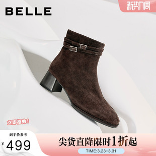 高跟短靴E5X1DDD5 冬新款 百丽双子星绒面羊皮显瘦超软时装 靴子女鞋