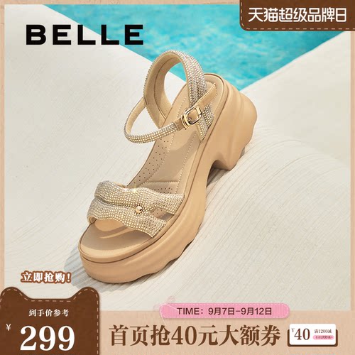 百丽女鞋厚底增高一字带凉鞋夏季新款妈妈法式休闲凉鞋D7Z2DBL5