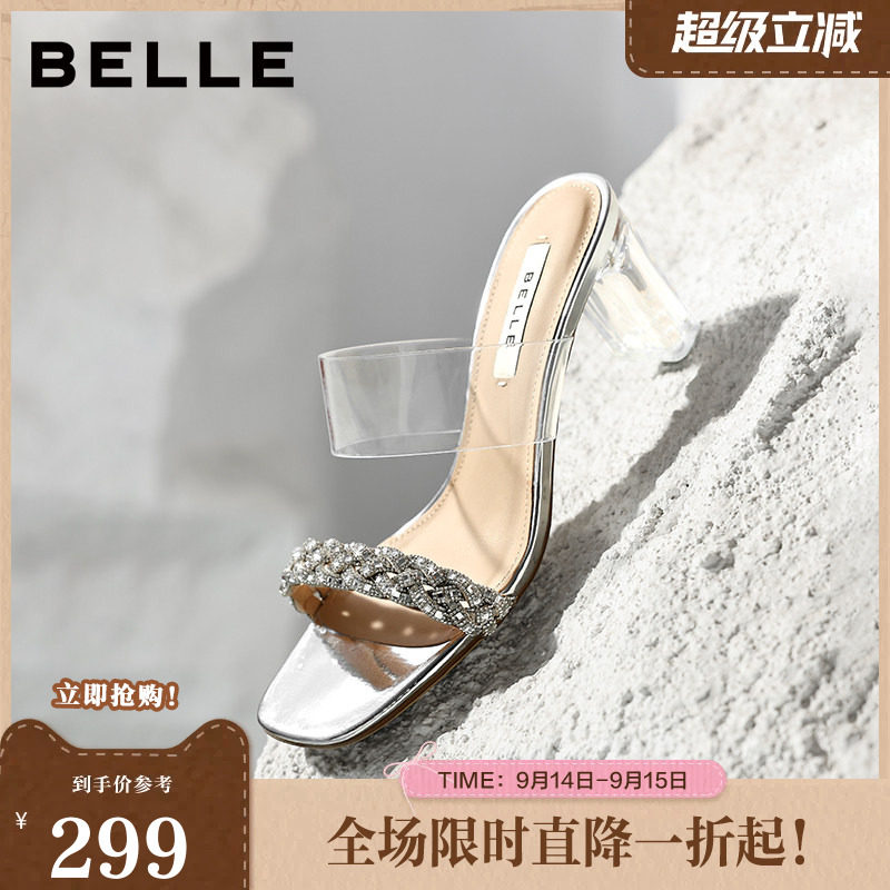 百丽女鞋优雅高跟水钻一字带拖鞋女26夏新商场同款凉拖鞋F5A2DBT6图片