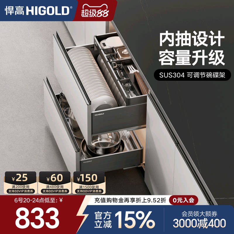 悍高橱柜拉篮铝合金双层抽屉式碗篮304不锈钢收纳碗碟篮厨房拉篮图片