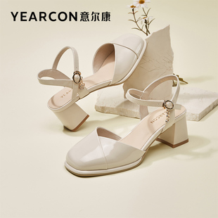 意尔康官方旗舰店女鞋时装凉鞋粗跟极简风夏季方头日常通勤百搭