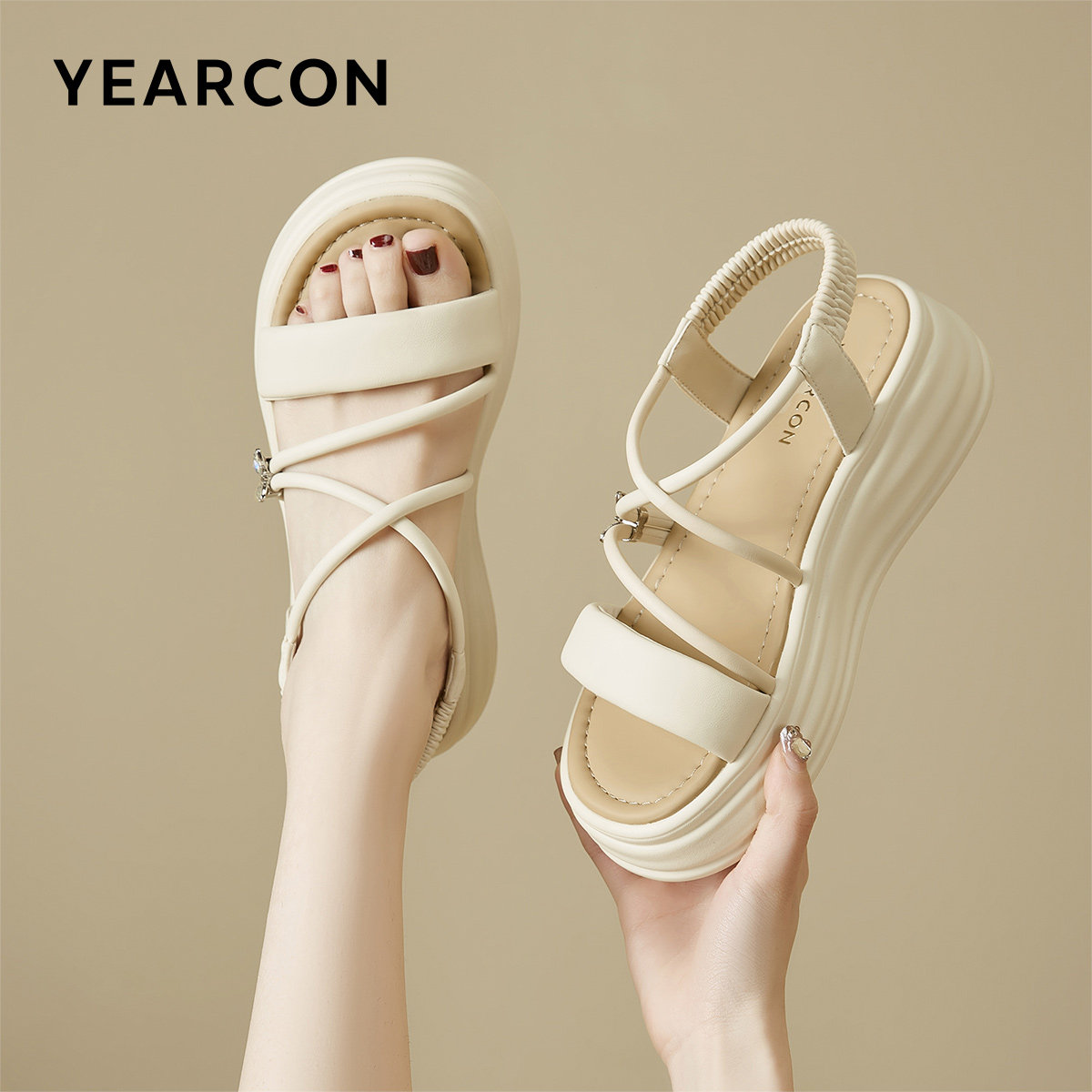 意尔康官方正品女鞋凉鞋平底露趾通勤休闲松糕底厚底交叉带