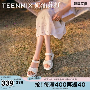 天美意新款 时尚 舒适平底女一字带凉鞋 BK971BL5 商场同款