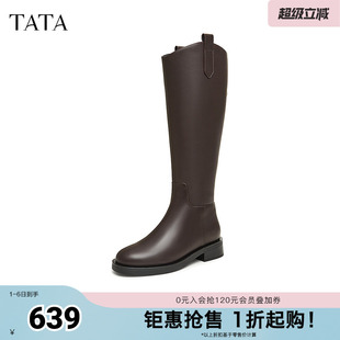 7TG89DG4奥莱 TATA他她气质V口长筒靴女显瘦大筒围骑士靴高靴冬季