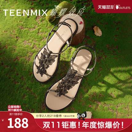 天美意蝴蝶效应一字带水钻平底凉鞋女外穿休闲时装凉鞋夏季新款
