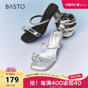 W2881BT4 时髦休闲一字拖粗高跟女拖鞋 百思图春夏季 新款