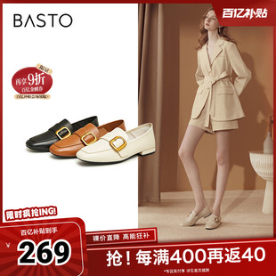 百思图奥莱秋季 简约复古金属扣乐福鞋 粗跟单鞋 KC529CA3 新款