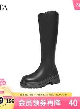 TATA他她厚底V口长筒靴女靴弹力瘦瘦靴骑士靴早春新7D282DG4奥莱