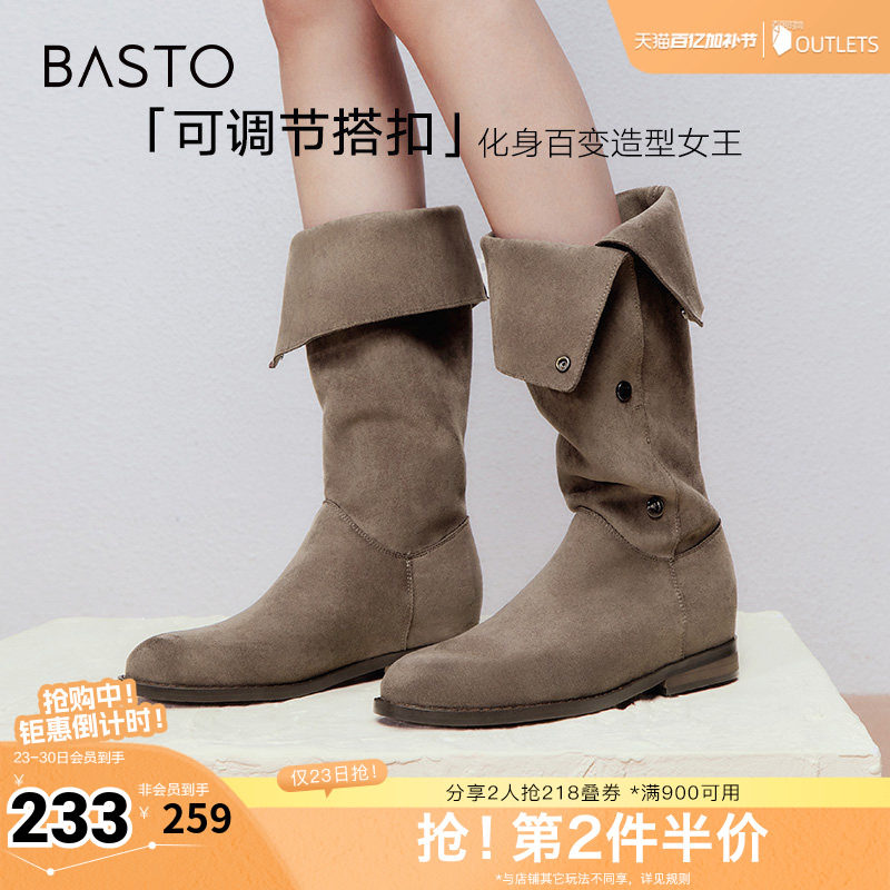 百思图冬季新款时尚简约街头弹力靴高筒靴粗跟女长靴W2671DG4