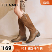 天美意粗跟复古V口显瘦尖头西部靴女高筒骑士靴长靴2025秋季 新款