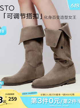 百思图冬季新款时尚简约街头弹力靴高筒靴粗跟女长靴W2671DG4