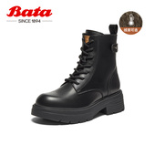 Bata英伦马丁靴女冬商场新款 牛皮粗跟增高百搭短筒靴AGC41DD4