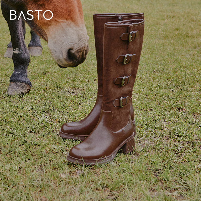 冬季粗跟西部靴百思图复古风