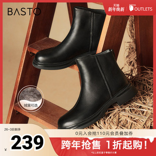 简约时尚 商场同款 休闲靴粗跟女短靴G1001DD4 新款 百思图冬季