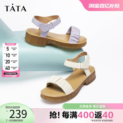 Tata他她简约一字带凉鞋女软底羊皮厚底凉鞋春季夏季新款YBF01BL3