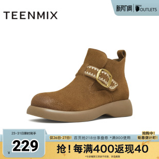 靴短靴冬新款 子一脚蹬工装 靴女鞋 天美意复古厚底户外休闲时装