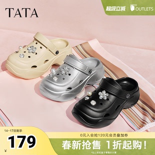 TATA他她黑色包头拖鞋女厚底洞洞鞋女外穿半拖凉鞋