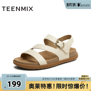 天美意新款商场同款平底百搭简约女一字带凉鞋CEY16BL5