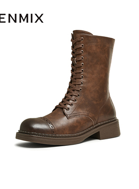 天美意复古西部靴马丁骑士靴女鞋厚底短靴皮靴冬新款KQZ02DZ4