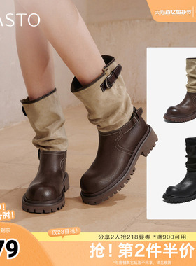 百思图秋冬季新款西部靴时尚复古潮流粗跟女中靴BP996DZ5