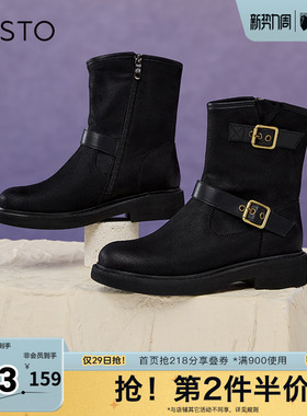 百思图冬季新款商场同款复古运动牛仔靴粗跟女中靴W2082DZ4