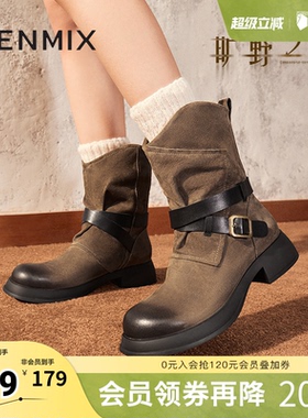天美意旷野之息复古西部靴骑士靴女鞋厚底短靴冬新款KQZ01DZ4