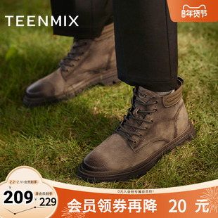 天美意男鞋工装靴户外复古男皮短靴冬3YP01DD4